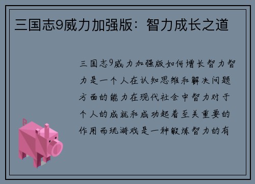 三国志9威力加强版：智力成长之道