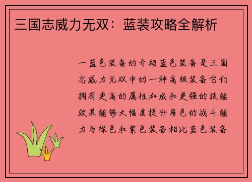 三国志威力无双：蓝装攻略全解析